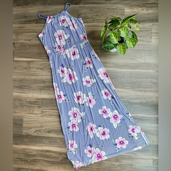 Rumi + Ryder Girls Maxi Dress Blue Stripe Floral Print Spaghetti Strap Size L - Picture 10 of 10